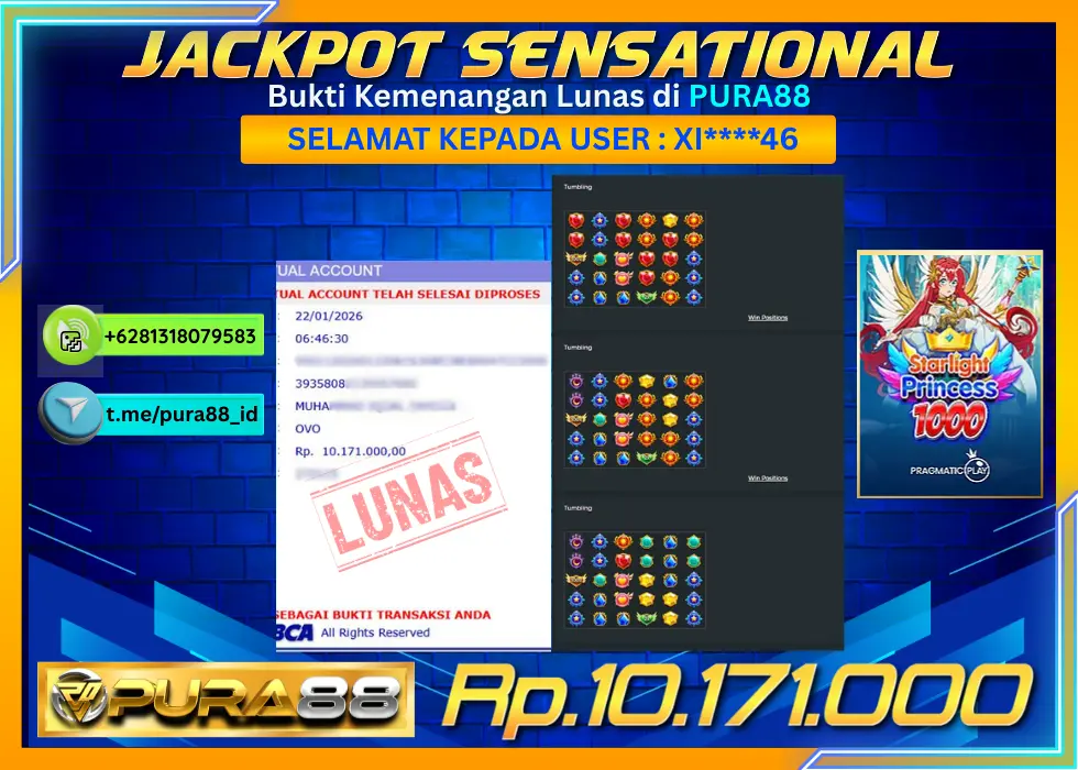 PURA88 JACKPOT STARLIGHT PRINCESS 1000 Rp 10.171.000,- LUNAS